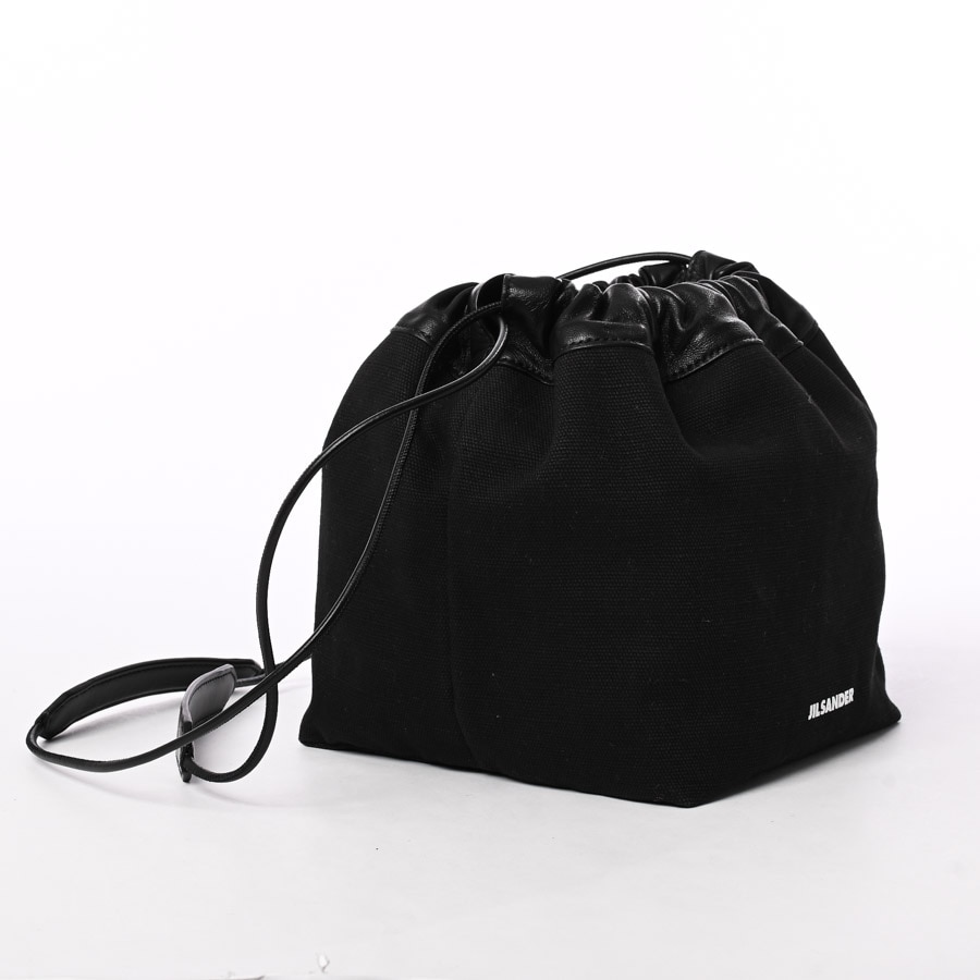 JIL SANDERドローストリング バケットバッグキャンバスレザーブラック JIL SANDER ドローストリング レザー バケットバッグ 人気 (Jil
