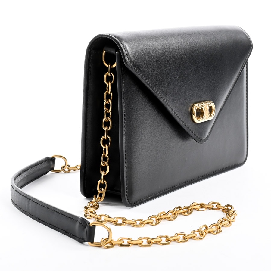 美品【CELINE】ブラック レザー マイヨンチェーン ウォレット マイヨンチェーンウォレット(約W19xH13xD4cm(実寸) ブラック