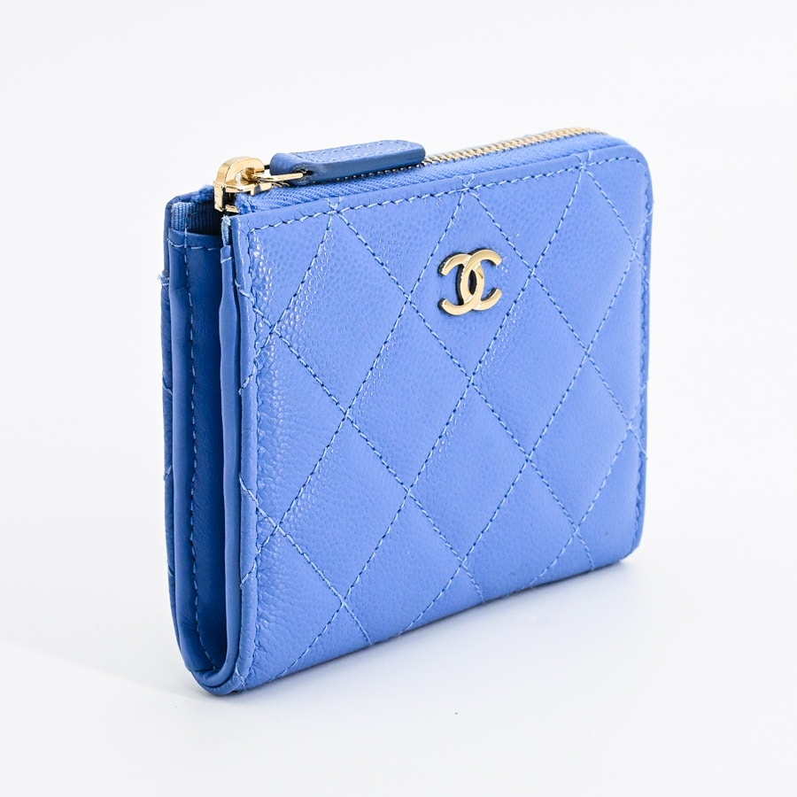 シャネル ジップコインパース AP3999 ミディアムウォレット キャビア ライトブルー 中古SA品 レディース 銀座