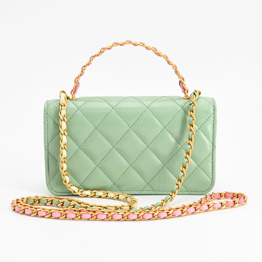 フラップフォンケース(約W17xH9.5xD4cm(実寸) ライトグリーン / ピンク