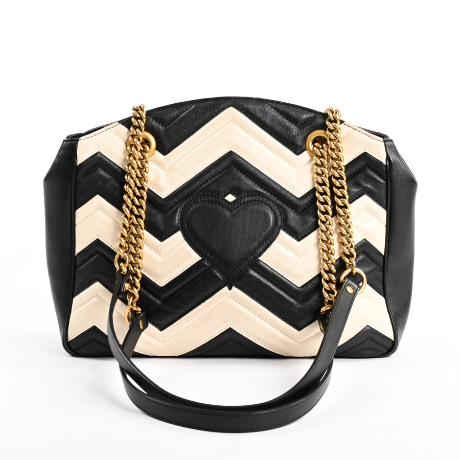 本物 グッチ GUCCI GGマーモント チェーン ショルダーバッグ トートバッグ レザー ブラック ホワイト 443501 バッグ 中古 GGマーモントチェーントート | 443501 | ショルダーバッグ | カーフ