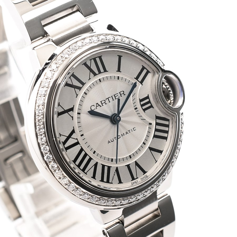 [3年保証] カルティエ レディース バロンブルーMM W4BB0016 ダイヤベゼル 33mm ローマンインデックス 自動巻き 腕時計 中古 送料無料 新品)CARTIER カルティエ バロンブルー 33mm W4BB0016（商品ID