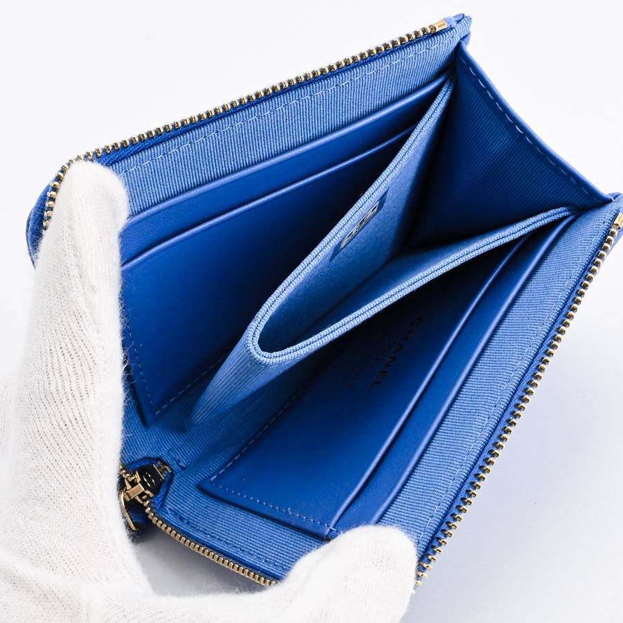 シャネル ジップコインパース AP3999 ミディアムウォレット キャビア ライトブルー 中古SA品 レディース 銀座