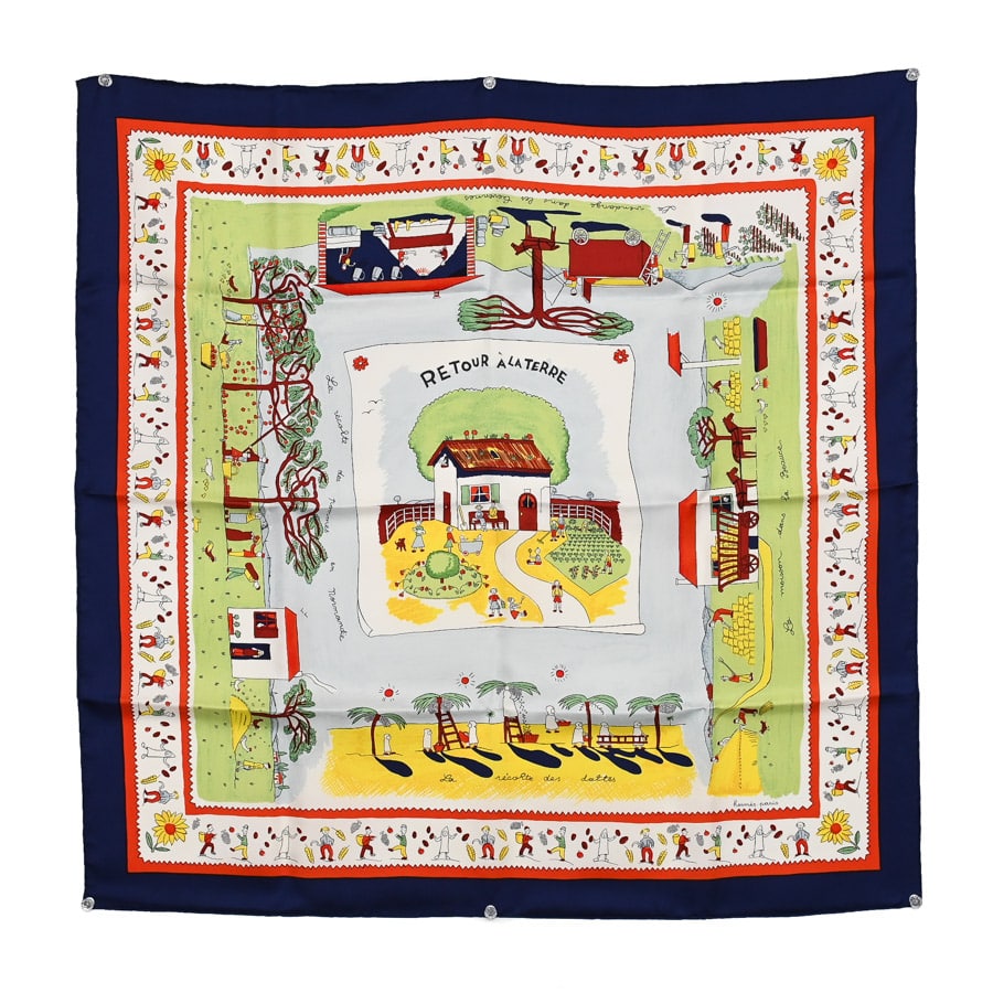 カレ90 ネイビー / オレンジ/ホワイト 約W90xH90cm