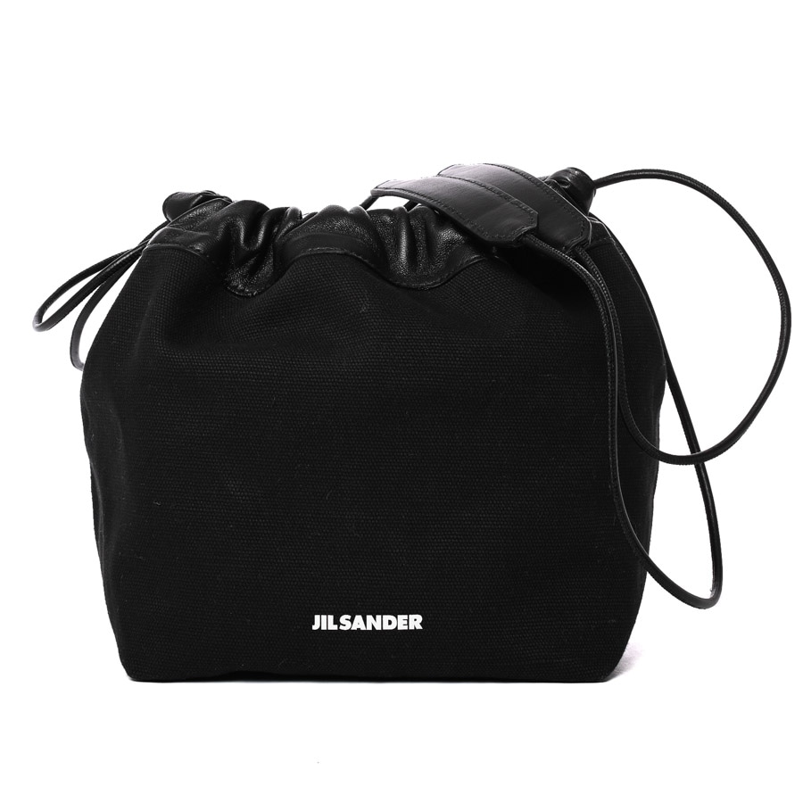 JIL SANDERドローストリング バケットバッグキャンバスレザーブラック JIL SANDERドローストリング バケットバッグキャンバスレザー