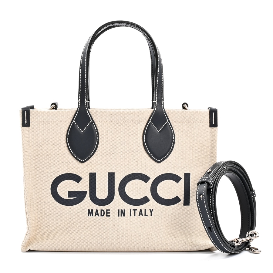 GUCCIプリントスモールトートバッグ ベージュ / ネイビー 約W27.5xH19.5xD11.5cm(実寸)