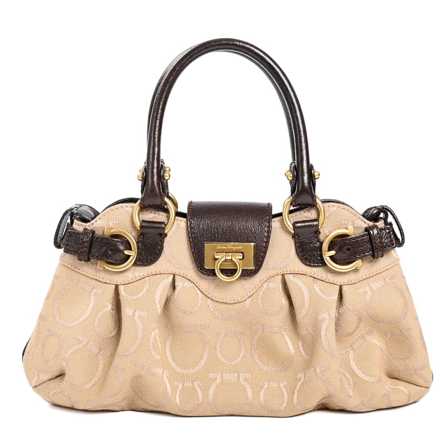 2WAYハンドバッグ ベージュ/ダークブラウン 約W26xH14xD3cm(実寸)