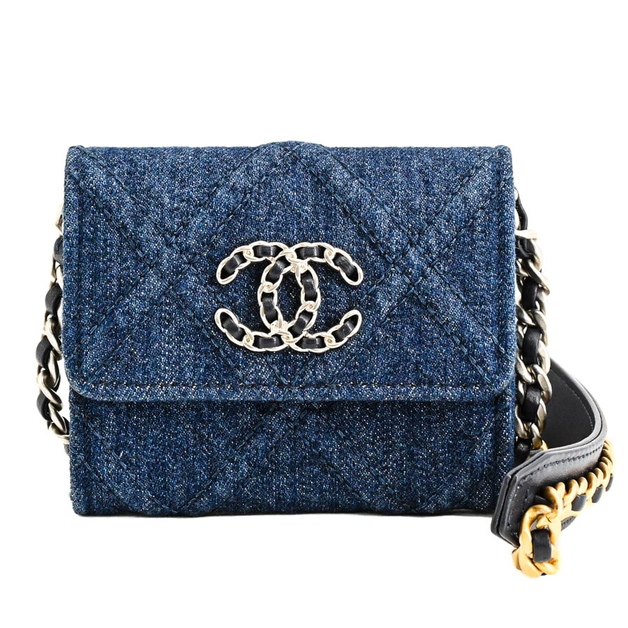 CHANEL19チェーンコインパース ブルー 約W11xH9xD2cm(実寸)