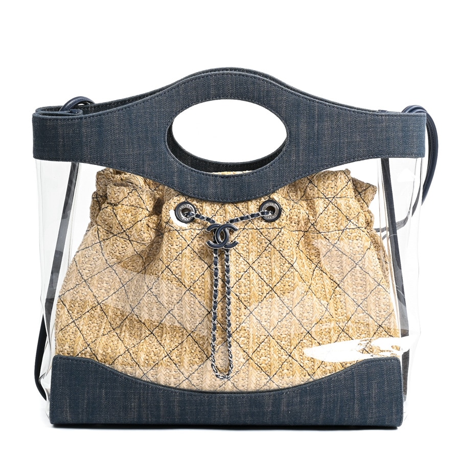 ラージショッピングバッグ ベージュ/ブルー 約W38xH(全体)37xD11cm(実寸)