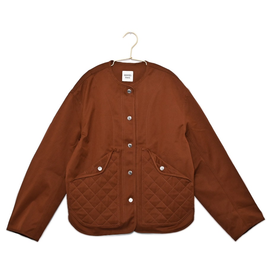ノーカラージャケット ブラウン メーカーサイズ：38/肩幅50x身幅57x着丈63x袖丈56cm(実寸)
